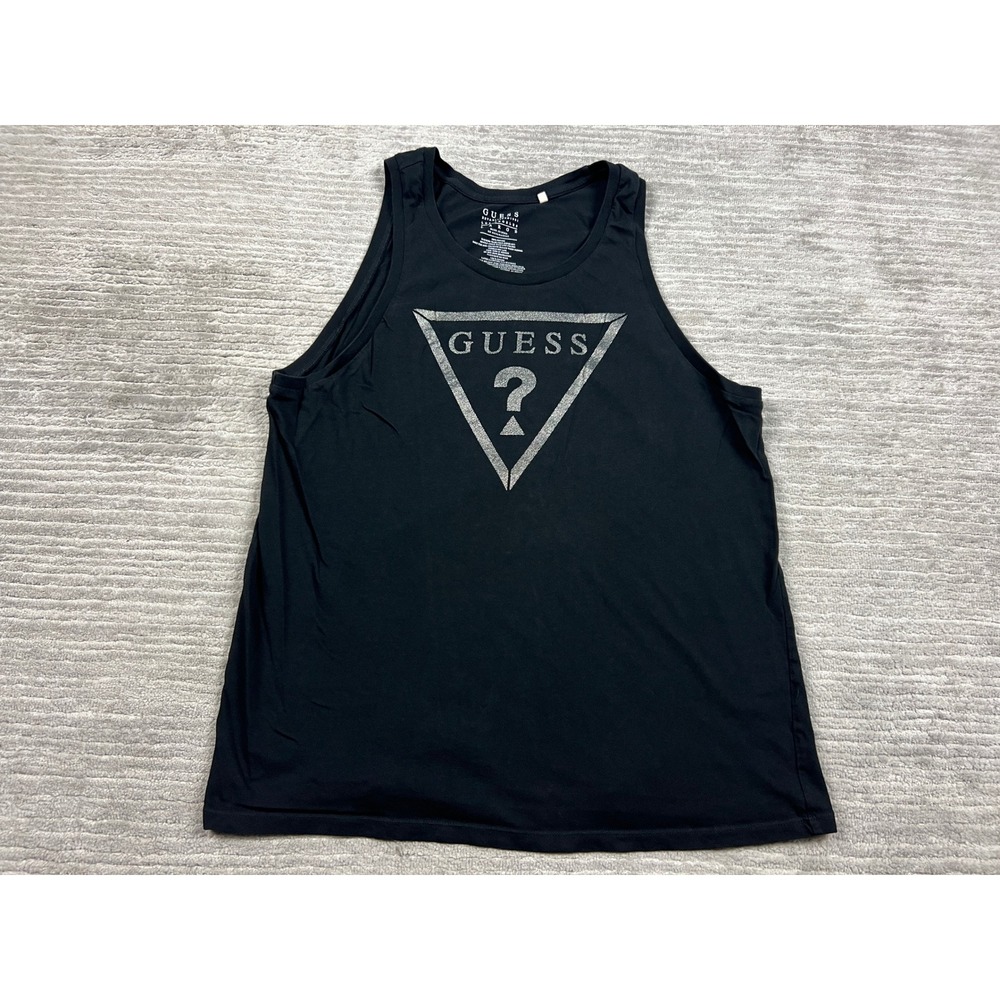 Guess Tank Top Mens Large Black Silver Triangle Logo Graphic Cotton Sleeveless